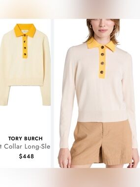 Tory Burch Contrast Collar Long-Sleeve Polo